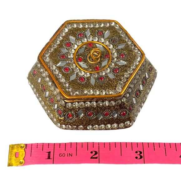 Vintage Jeweled Enameled TRINKET BOX & LID 3.5" Hexagon Jewelry Ring Salt Box - Picture 6 of 7